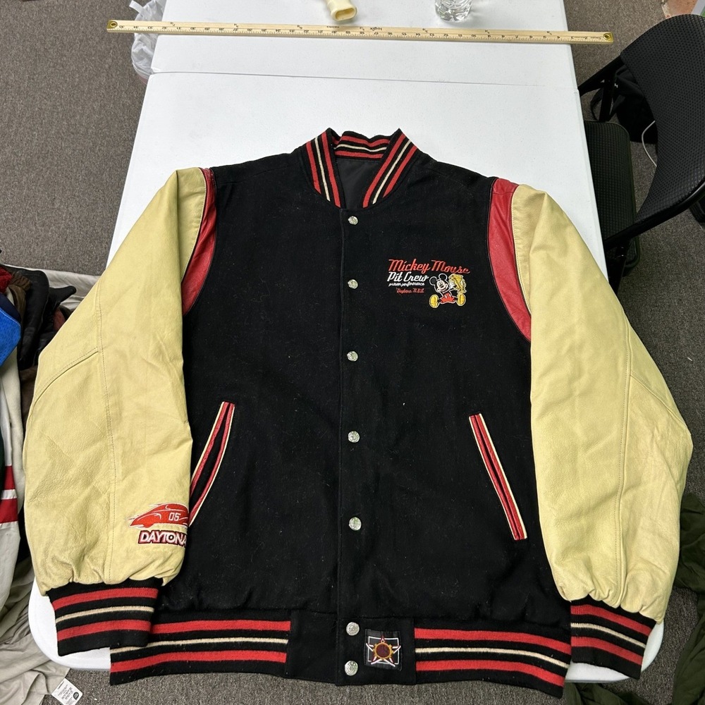 Jh designs Disney Mickey Mouse Pit Crew Varsity Jacket Men XL Leather Wool